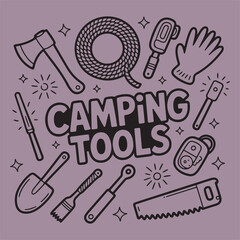Camping Tools Hand Drawn Doodle Illustration – Outdoor Equipment Line Art with Circular Composition and Typography