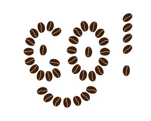 Cute motivation smiley face made of coffee beans formed Text Go and Exclamation mark Coffee logo Tag. Vector illustration Coffee Day Greetings or Motivation cards Promo Banner, leaflets, labels, price