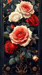 Opulent roses cascade against a dark backdrop, adorned with gold filigree accents and lush green foliage