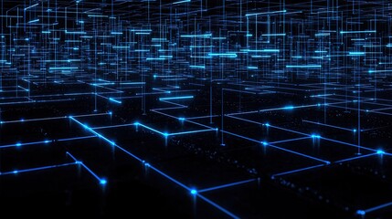 Obraz premium Blue glowing digital grid for data visualization, showing energy flow in AI network.