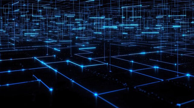 Blue glowing digital grid for data visualization, showing energy flow in AI network.