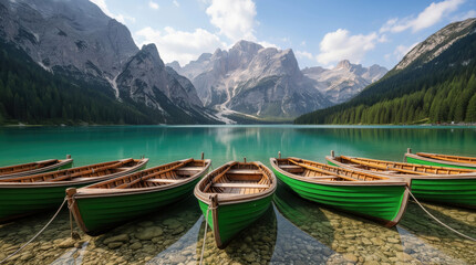 Serene Mountain Lake Scene with Turquoise Water, Majestic Peaks, and Wooden Rowboats, Evoking a Sense of Tranquility, Exploration, and Pristine Natural Beauty.