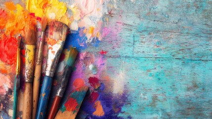 Obraz premium Colorful paint brushes and palette on wooden surface during art session