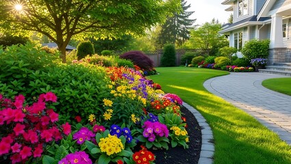 Obraz premium Vibrant flower garden with blooming colorful flowers and lush green landscaping in front of a suburban home