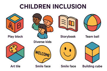 Children Inclusion Concept Diverse Kids Play Block Storybook Team Ball Art Tile Smile Face Building Cube on Black Background