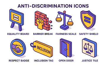 Set Of Isometric Anti Discrimination Icons Including Equality Board Barrier Break Fairness Scale Safety Shield Respect Badge Inclusion Tag Open Door And Justice Scale On Black Background