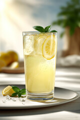 Fototapeta premium Refreshing lemonade drink served in a tall glass with ice, garnished with lemon slices and mint leaves, placed on a light wooden table with a soft background