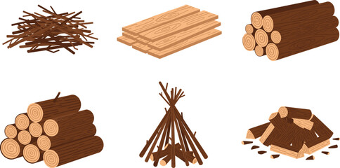 Firewood and Lumber Vector Illustration Set Showing Logs, Wooden Planks, Branch Piles, and Campfire Wood Stacks for Forestry, Construction, and Outdoor Design Projects © Mostafijur