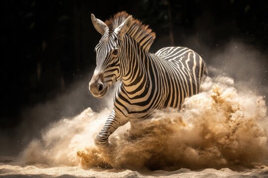 A zebra moves quickly across sandy ground, kicking up dust in a natural environment under bright sunlight - Powered by Adobe