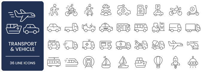 Transport and Vehicle Line Icon Set with Editable Stroke. Collection of  Transportation, car, truck, bus, delivery, electric vehicle, shipping, plane, train, motorcycle, logistics, and boat symbols.