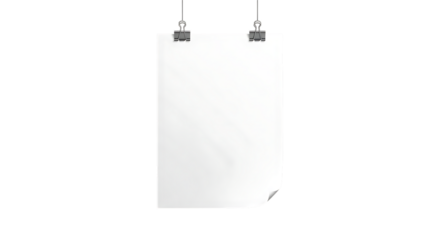 An isolated blank white paper sheet hanging from two binder clips,  isolated on white transparent background 