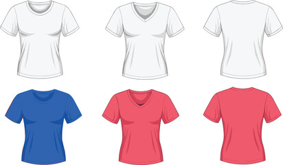 Women T Shirt Mockup Vector Set Showing Front and Back Views with Different Colors for Fashion Design, Apparel Branding, and Clothing Presentation Projects