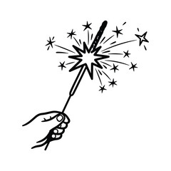 Hand holding sparkling sparkler with stars