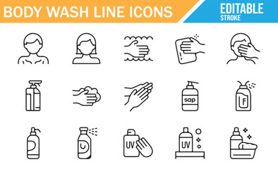 Body care products and shower accessories line symbol set.