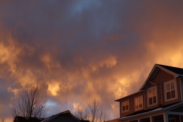 Clouds turn shades of orange and yellow above two houses in a suburban area during the late afternoon in winter season