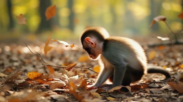 A baby monkey sitting on the ground surrounded by fallen leaves in an autumn forest setting monkey video
