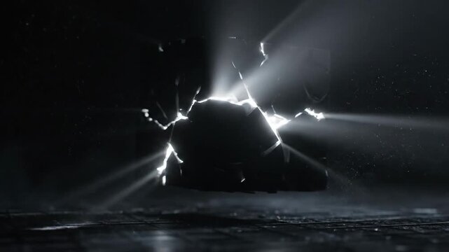 Dynamic abstract rendering of a dark, enigmatic form rupturing with brilliant light, radiating intense energy into a mysterious, shadowy void, symbolizing emergence and transformation