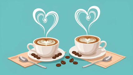 Two cups of latte art coffee with heart-shaped steam, coffee beans, spoons, and napkins on a light blue background