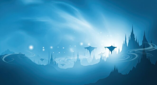 A mystical, ethereal landscape with silhouetted structures, glowing lights, and flying creatures in a blue, ethereal sky.