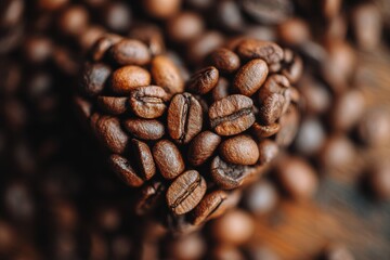 Fototapeta premium Coffee beans are placed in a heart shape on a wooden surface. More coffee beans are scattered around the heart shape during daylight