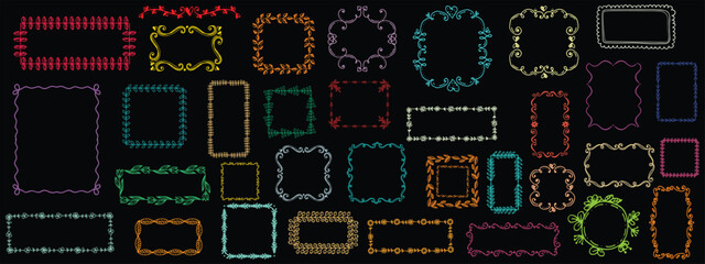 Hand drawn scribble kids frame set with pastel, crayon or chalk texture. Doodle decoration with flowers and bows. Black illustration on a white background set.