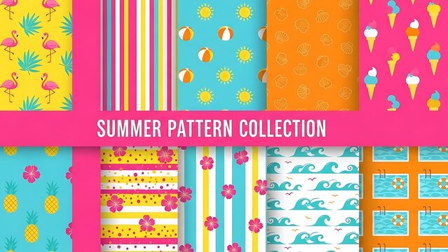 A vibrant collection of ten seamless summer patterns featuring flamingos, ice cream, pineapples, beach balls, waves, and stripes in bright colors.