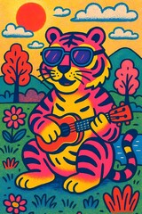 Fototapeta premium A vibrant, cartoon-style illustration depicts a cool tiger wearing sunglasses, happily playing a ukulele amidst a colorful, textured natural landscape.