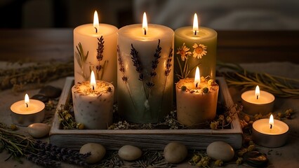Obraz premium Aromatic candles create a soothing ambiance with lavender and chamomile elements for spa treatments and relaxation rituals
