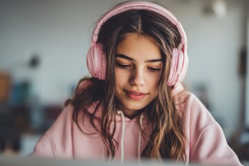 Girl sits at a desk wearing pink headphones while focusing on a screen in a well-lit environment