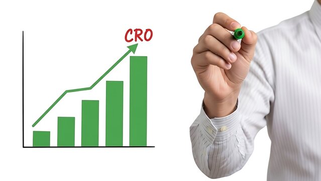 Businessman drawing a rising green bar chart labeled CRO indicating successful conversion rate optimization strategy