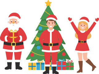 Festive Santa Claus characters and Christmas tree with gifts on white background present