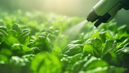 Robotic arm spraying over green plants in large greenhouse, autonomous future farming concept. Generative AI