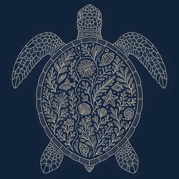 An elegant line art illustration depicts a sea turtle with its shell intricately filled with a detailed botanical and marine life pattern, set against a deep blue background.