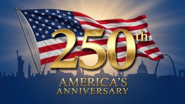 Epic America's 250th anniversary design with monumental gold text and waving US flag. Patriotic semiquincentennial banner with national landmarks silhouettes for Independence Day 2026.