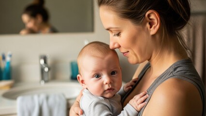 Close-up of a new mother holding her baby with tenderness in the bathroom, capturing a loving moment of connection and deep maternal affection.