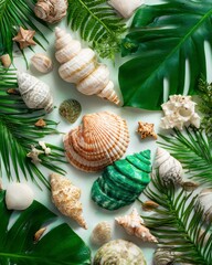 Colorful Shell Arrangement with Tropical Plants on a Beach Background
