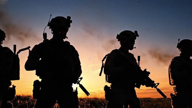 Silhouettes of fully equipped military soldiers standing in a row on a field during a dramatic golden sunset, representing defense, war, and army security.