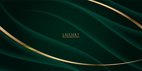 3D green luxury abstract background overlap layer on dark space with golden wave lines decoration. Modern graphic design element cutout style concept for web banner, art, flyer, card or brochure cover