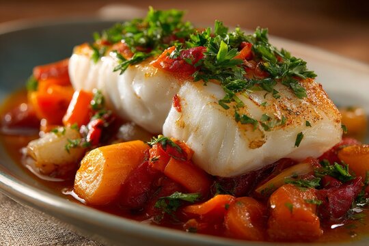Plate of Ryba Po Grecku topped with rich tomato vegetable stew, fresh parsley sprig. Concept of Greek fish cooked vegetables creates inviting culinary experience.