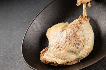 Duck leg, boiled meat, poultry cooked meat healthy food, main course ingredient appetizer fresh tasty table setting gourmet food background on the table, rustic food top view copy space