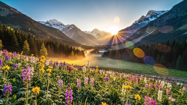 Scenic alpine meadow blooming with colorful wildflowers in the mountains at sunrise with golden sun flare