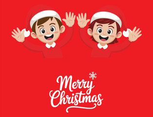 Two smiling cartoon children wearing Santa hats and red clothes waving hands christmas santa claus