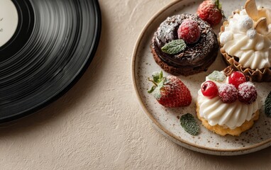 Cute Holiday Desserts on Plate with Vinyl Record in Winter Setting