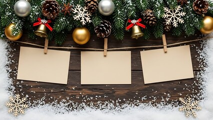Christmas garland with blank cards hanging on a string over a snowy wooden background, decorated with baubles, pine cones, and snowflakes.