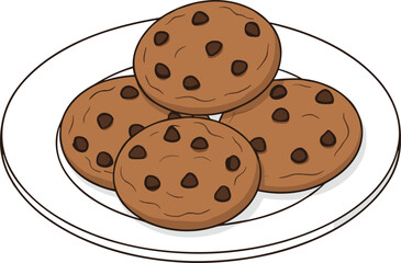 Vector Illustration of Stacked Chocolate Chip Cookies on a White Plate, Perfect for Baking, Dessert, and Sweet Treat Menus