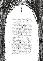 Vector frame with a realistic tree with roots and branches in a gothic or grunge style. Space for inscription and text lorem ipsum. Magical, fairytale, and mystical. Halloween party poster. No ai