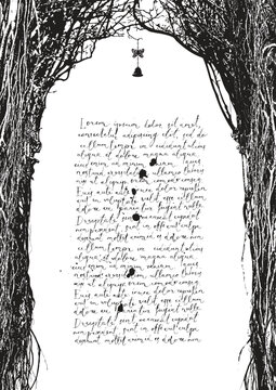 Vector frame with a realistic tree with roots and branches in a gothic or grunge style. Space for inscription and text lorem ipsum. Magical, fairytale, and mystical. Halloween party poster. No ai