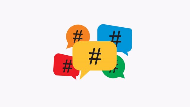 Colourful speech bubbles with black hashtags perfect for social media, discussions, communication, marketing, digital content, and promotions.