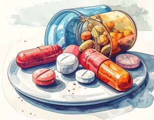 Watercolor style depiction of spilled capsules and tablets on a plate