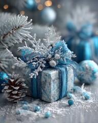 Icy Blue Holiday Gift Wrapped with Elegant Decorations